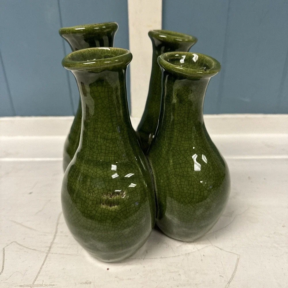 Vintage Pottery Crazed Green Finger 7”‎ Vase Four Vessel MCM RARE